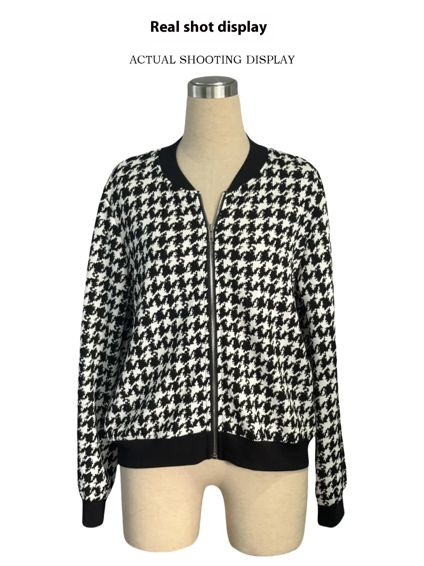Zipper Houndstooth Jacket Loose Slim-fit Casual Shirt