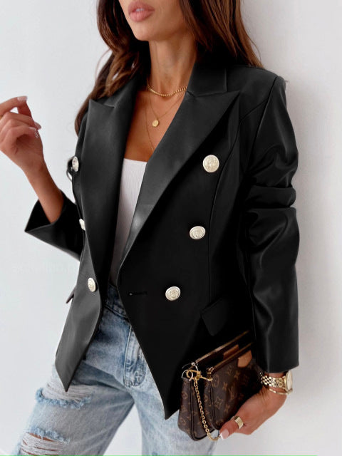 Long Sleeve Double Breasted Fashion PU Leather Suit