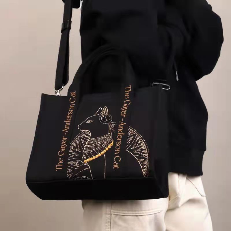 Cat Embroidered Canvas Shoulder Bag Letter Print Handbags Leisure Daily Students Preppy Style Messenger Crossbody Bags