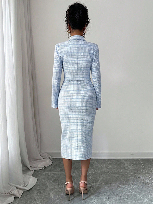 Women's Clothing Skirts Suit Lapel Long Sleeve Short Plaid Jacket