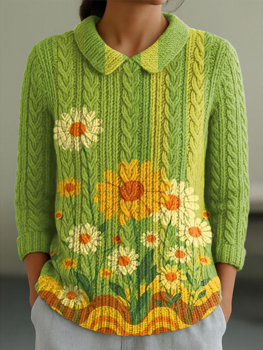 Autumn And Winter New Women's Doll Collar Knitted Jacquard Fabric French Retro Printed Top