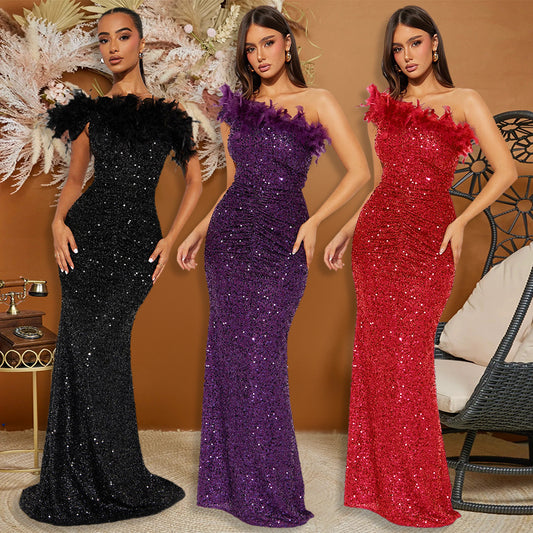 Feather Stitching Sequin Sexy Evening Dress Women