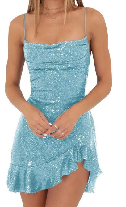 Back Cross Lace-up Ruffled Sleeveless Sling Dress