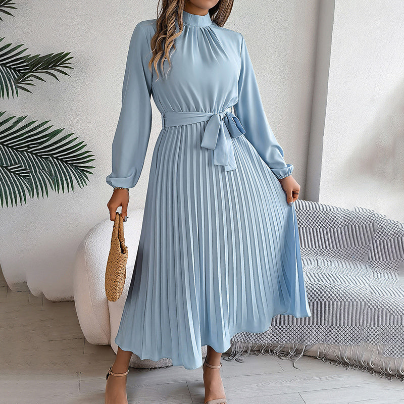 Elegant High Neck Long Sleeve Pleated Maxi Dress - Solid Color Flowy Dress For Women, Casual To Formal Wear-FREE USA SHIPPING