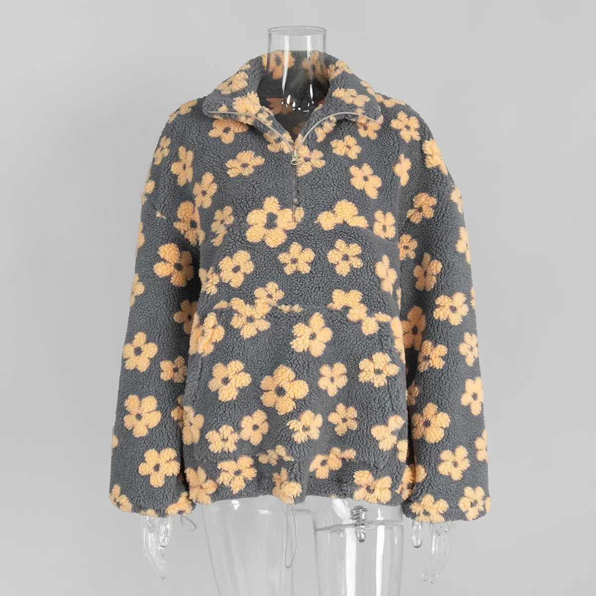 Winter Flowers Lambskin Sweatshirt With Big Pocket Casual Loose Zip-up Lapel Pullover Top Women's Clothing