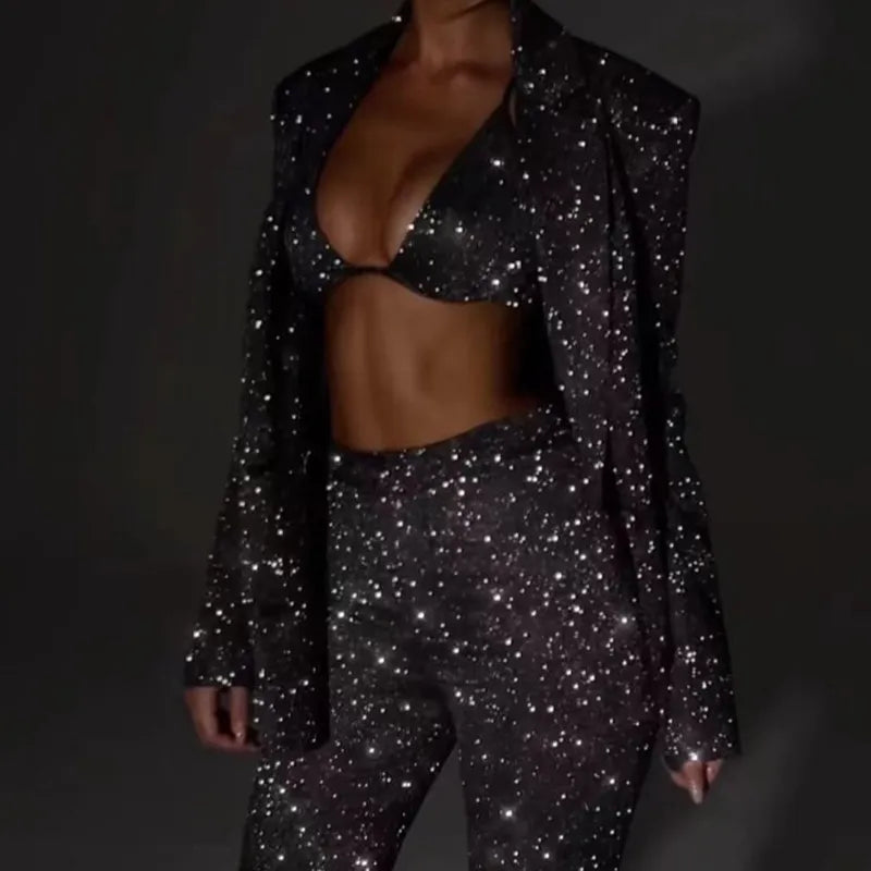 3pcs Shiny Long-sleeved Suit With Bra Lapel Blazer And Straight-leg Trousers Fashion Party Jacket Set For Women Clothing