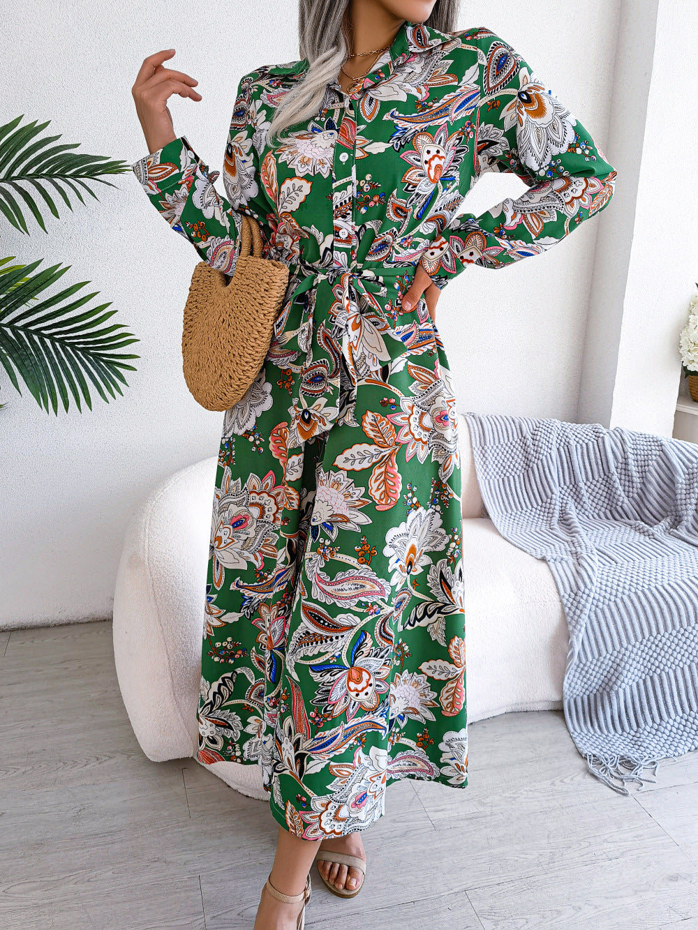 Retro Floral Stand Collar Belted Shirt Dress Long Skirt Women's Fashion Full Sleeve Regular Waistline Ankle-Length
