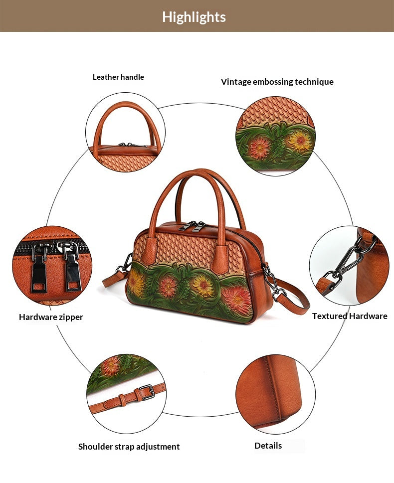 Retro Ethnic-style Full-grain Leather Shoulder Bag For Women