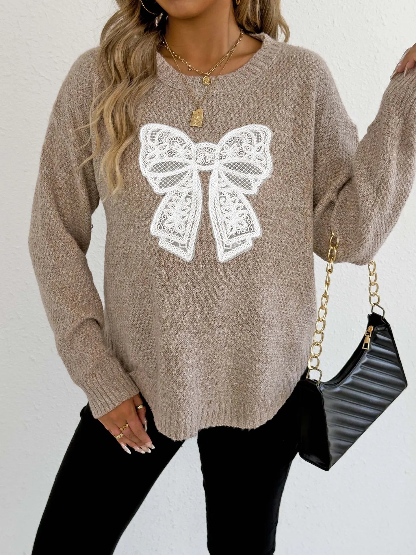 Women's Round Neck Embroidered Lace Butterfly Stitching Woven Sweater