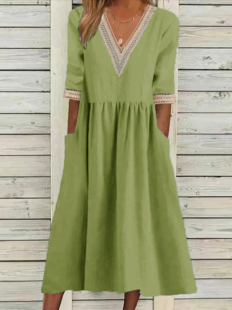 Cotton And Linen Lace Collar Half Sleeve Mid-length Dress