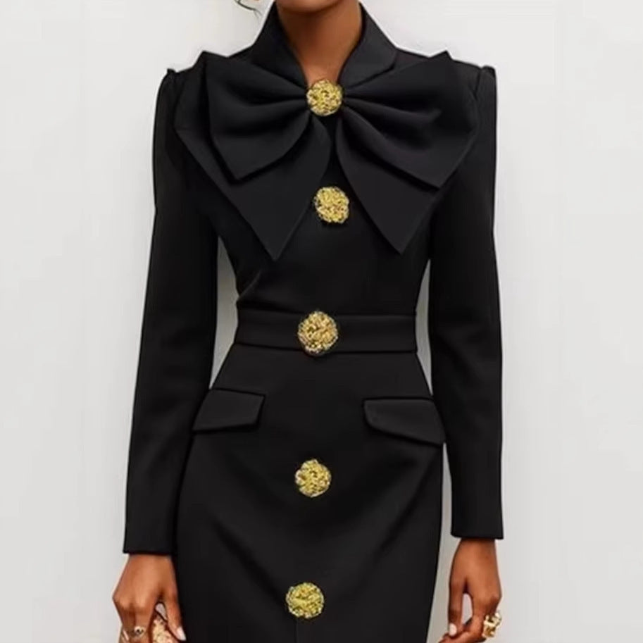 Big Bowknot Design Sense Socialite Half Turtleneck Waist Slit Dress