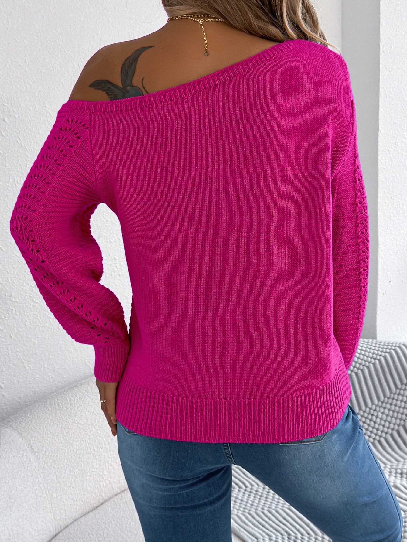 Solid Color Hollow Out Shoulder-baring Long Sleeve Pullover