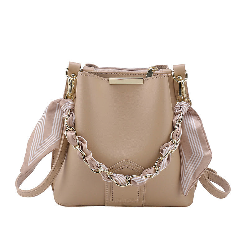 Leather Bucket Tote Bag with Chain Sling Handle
