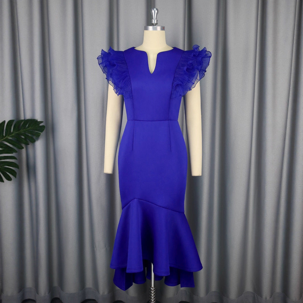 Banquet Temperament High Waist Lotus Leaf Pleated Short Sleeve Dress