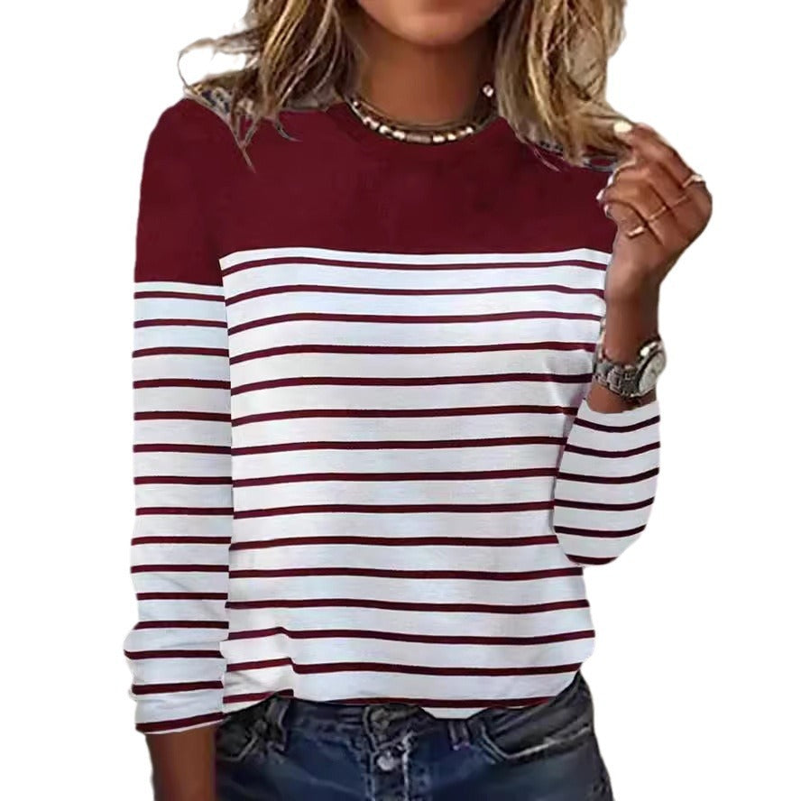 Long Sleeve Striped Two-tone Printed Patchwork Round Neck Top T-shirt