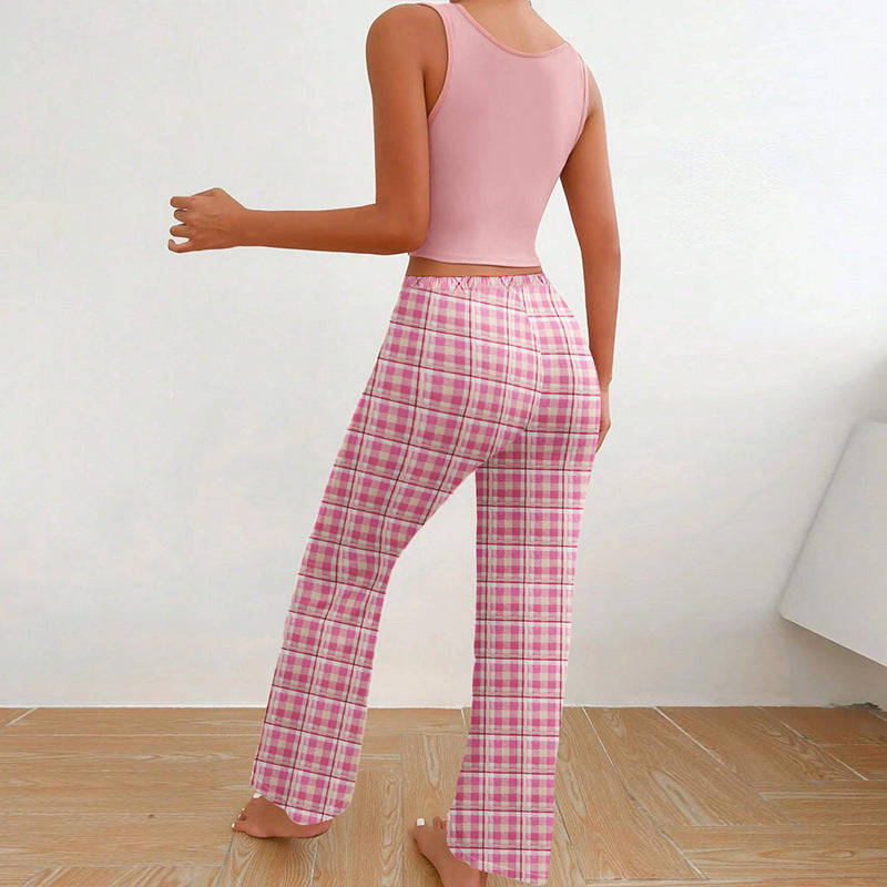 Homewear Vest Color Matching Plaid Trousers Letter Print Top Pajamas For Women