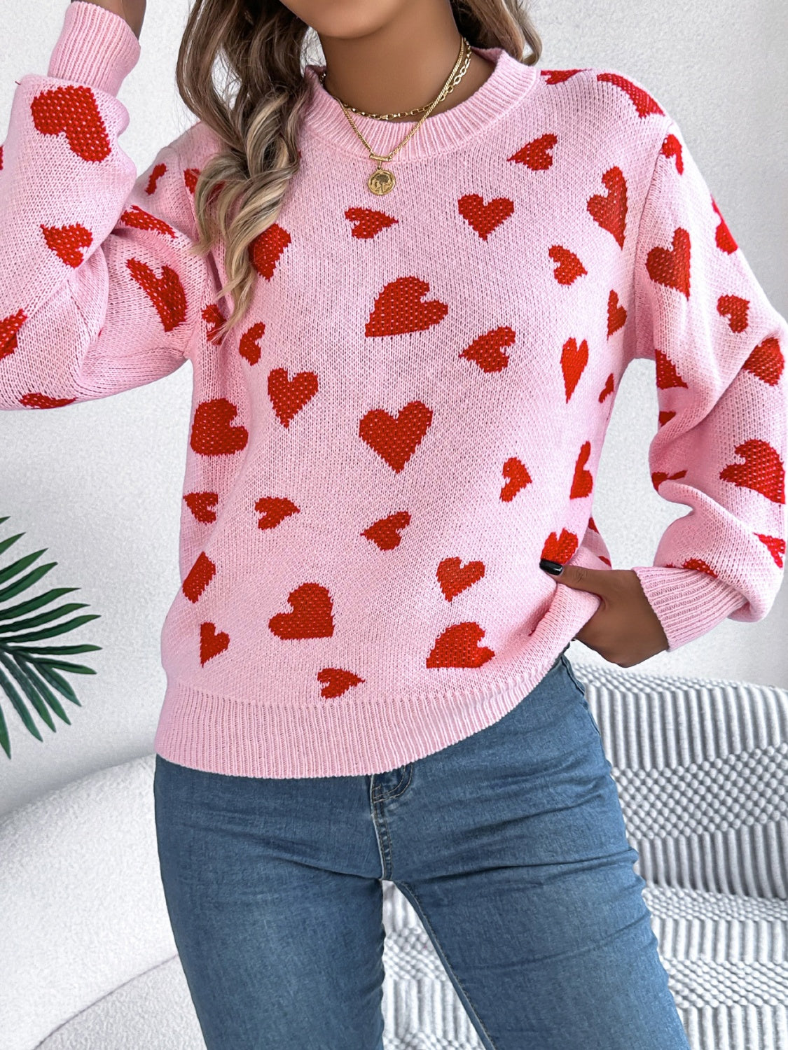 Heart Pattern Round Neck Long Sleeve Sweater