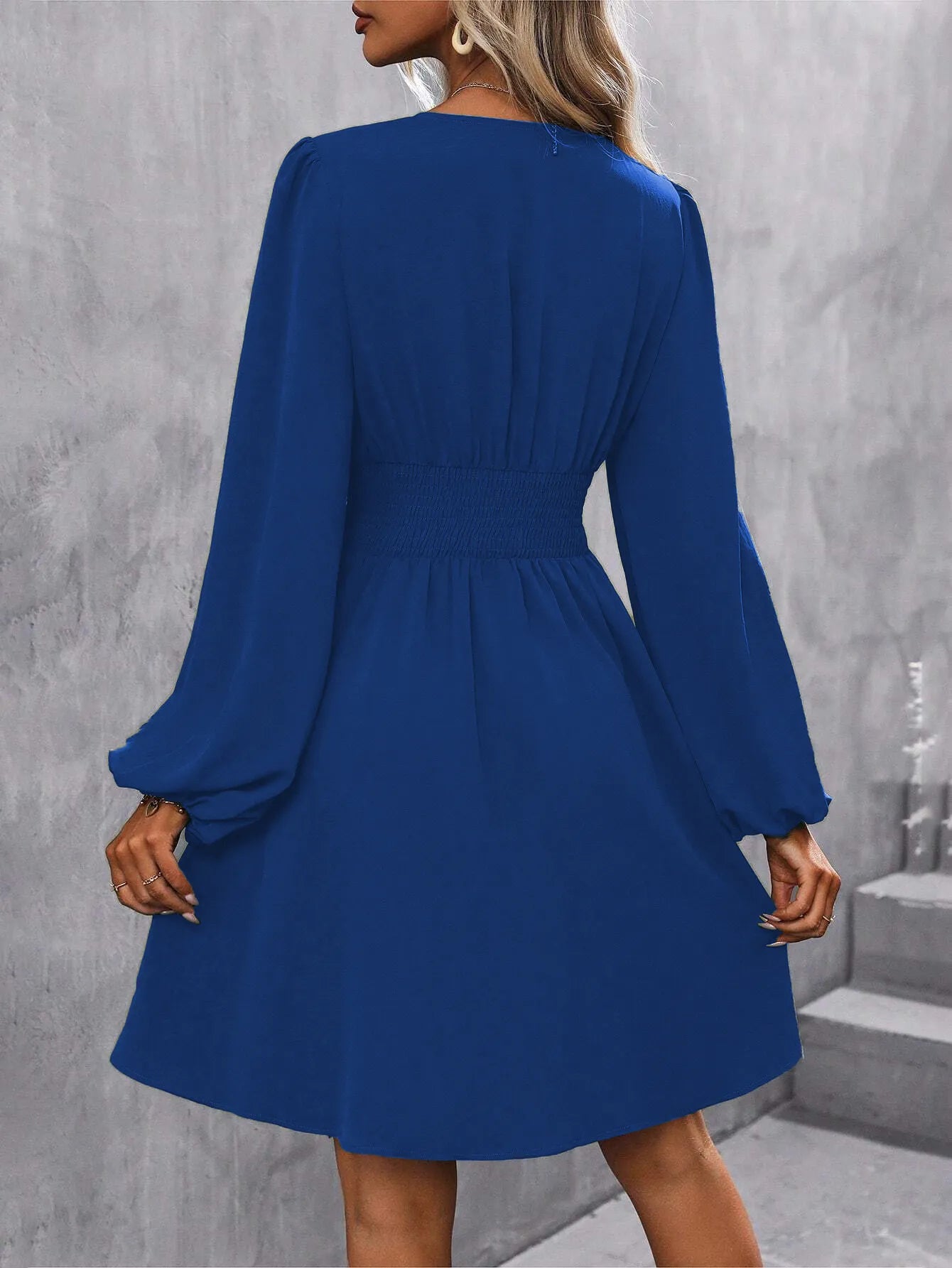 Women's Diagonal Collar Lantern Sleeve Smocking Pleated Waist Dress