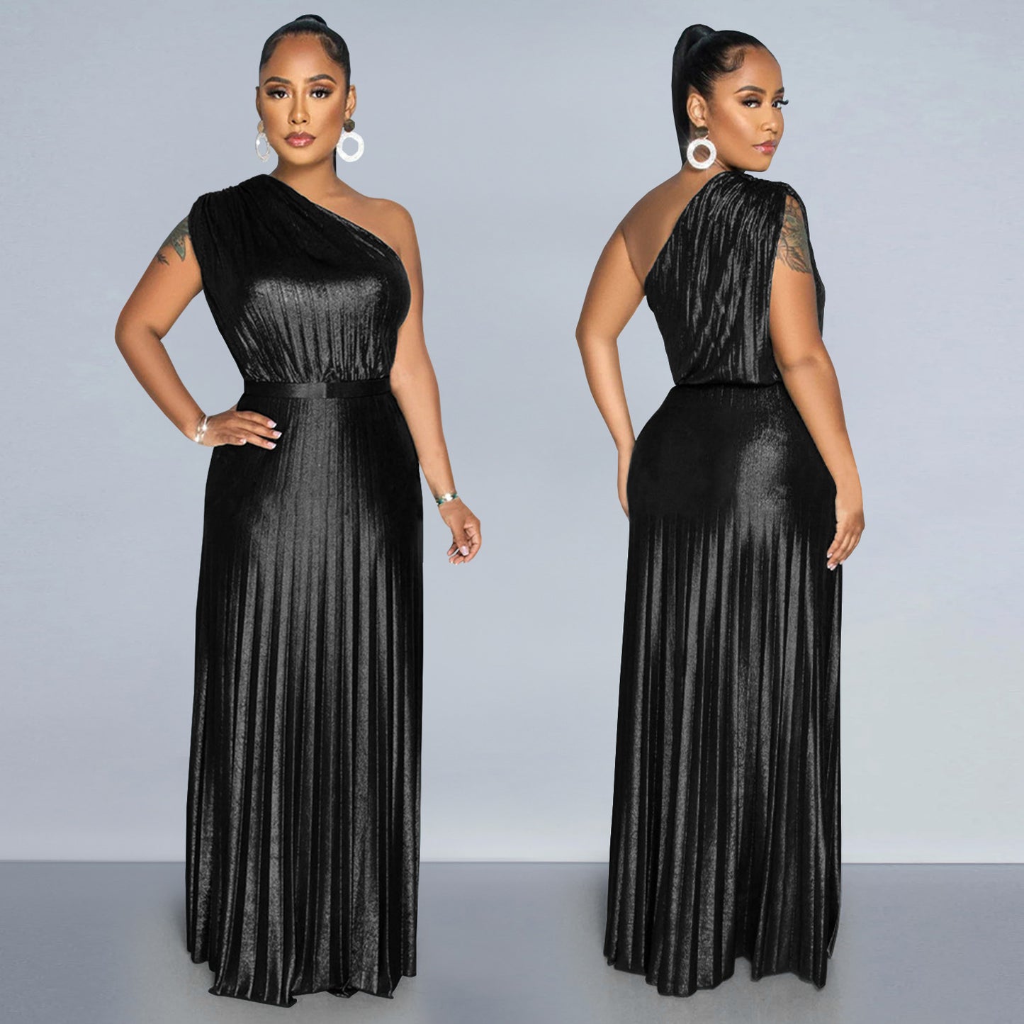 European And American Fashion Elegant Bronzing Oblique Shoulder Sleeveless Solid Color Dress