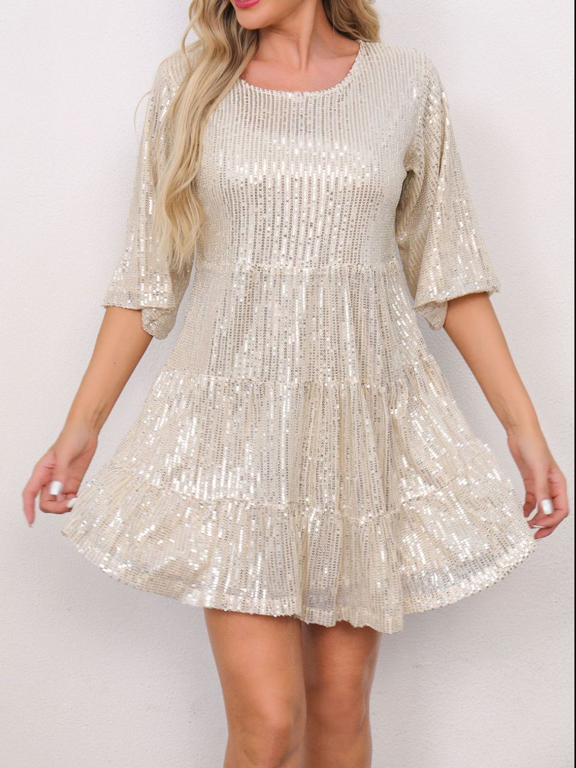 Sequin Round Neck Half Sleeve Mini Dress