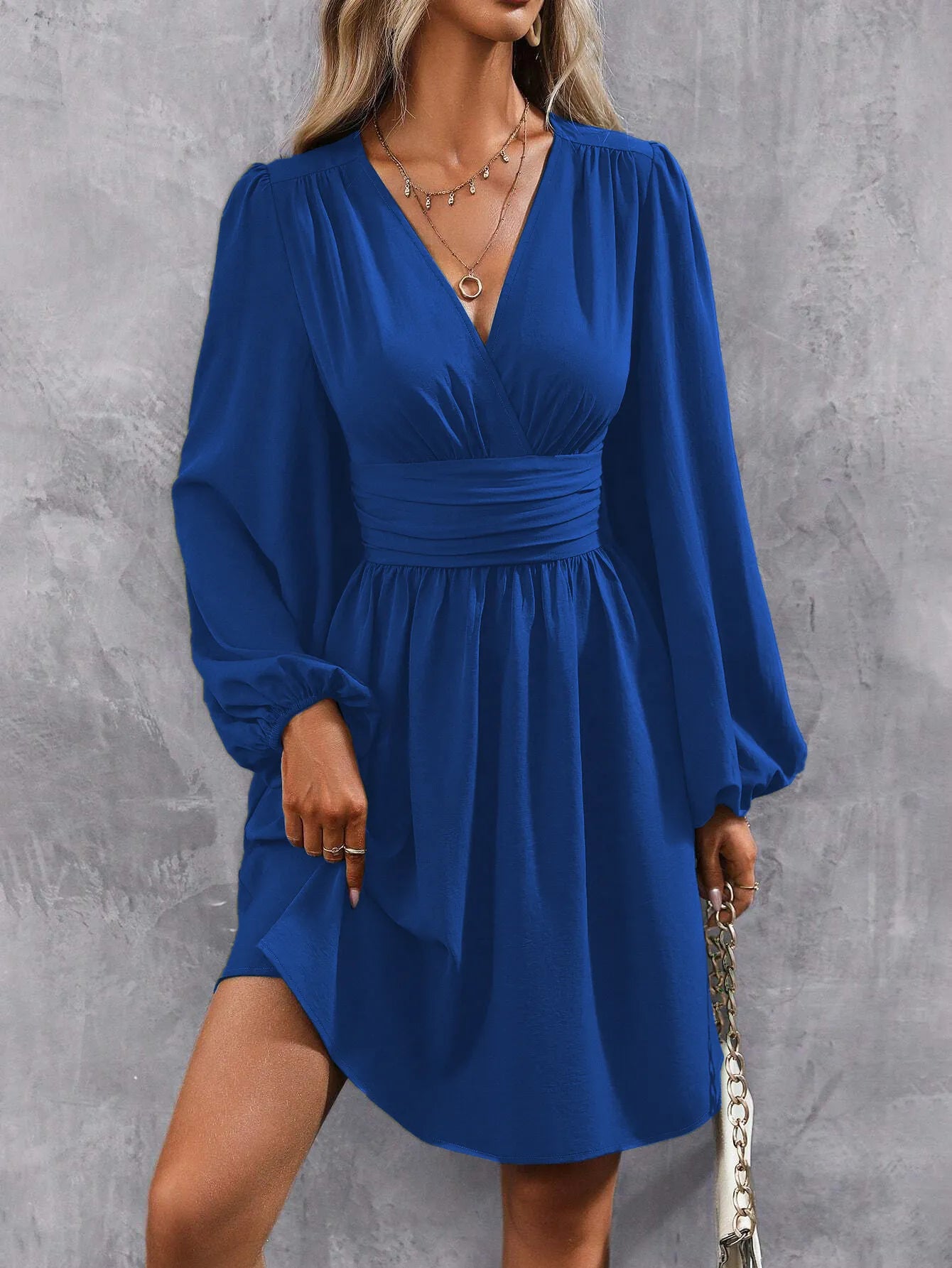 Women's Diagonal Collar Lantern Sleeve Smocking Pleated Waist Dress