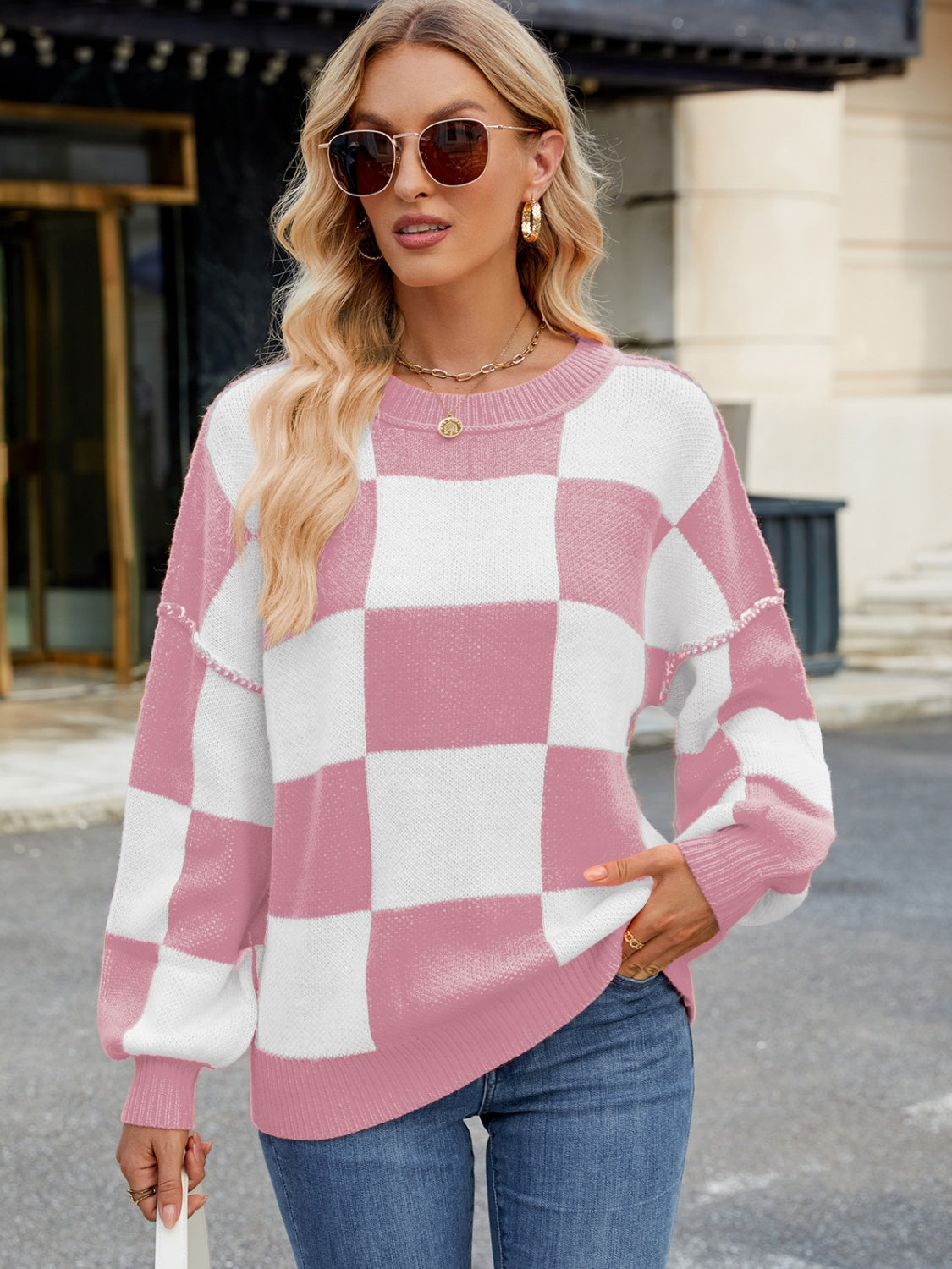 Plaid Round Neck Long Sleeve Sweater