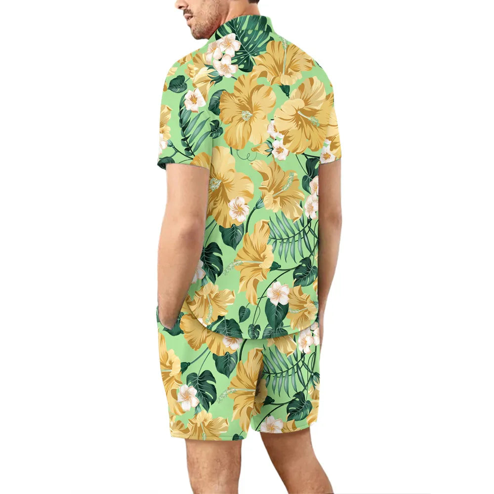 2Pcs Printed Beach Shirt Summer Suit Loose Lapel Button Top And Drawstring Pockets Shorts Casual Short Sleeve Suits For Men Clothing