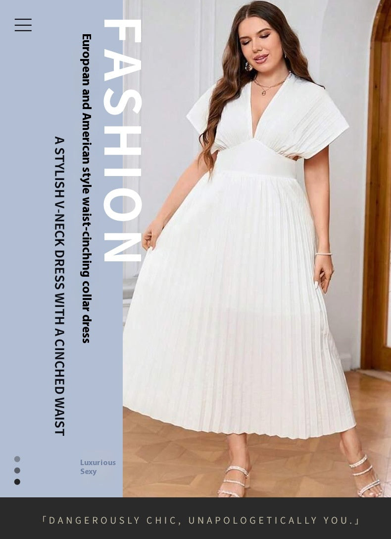 V-neck Sexy Bat Sleeve Slim-fit Pleated A- Line Dress
