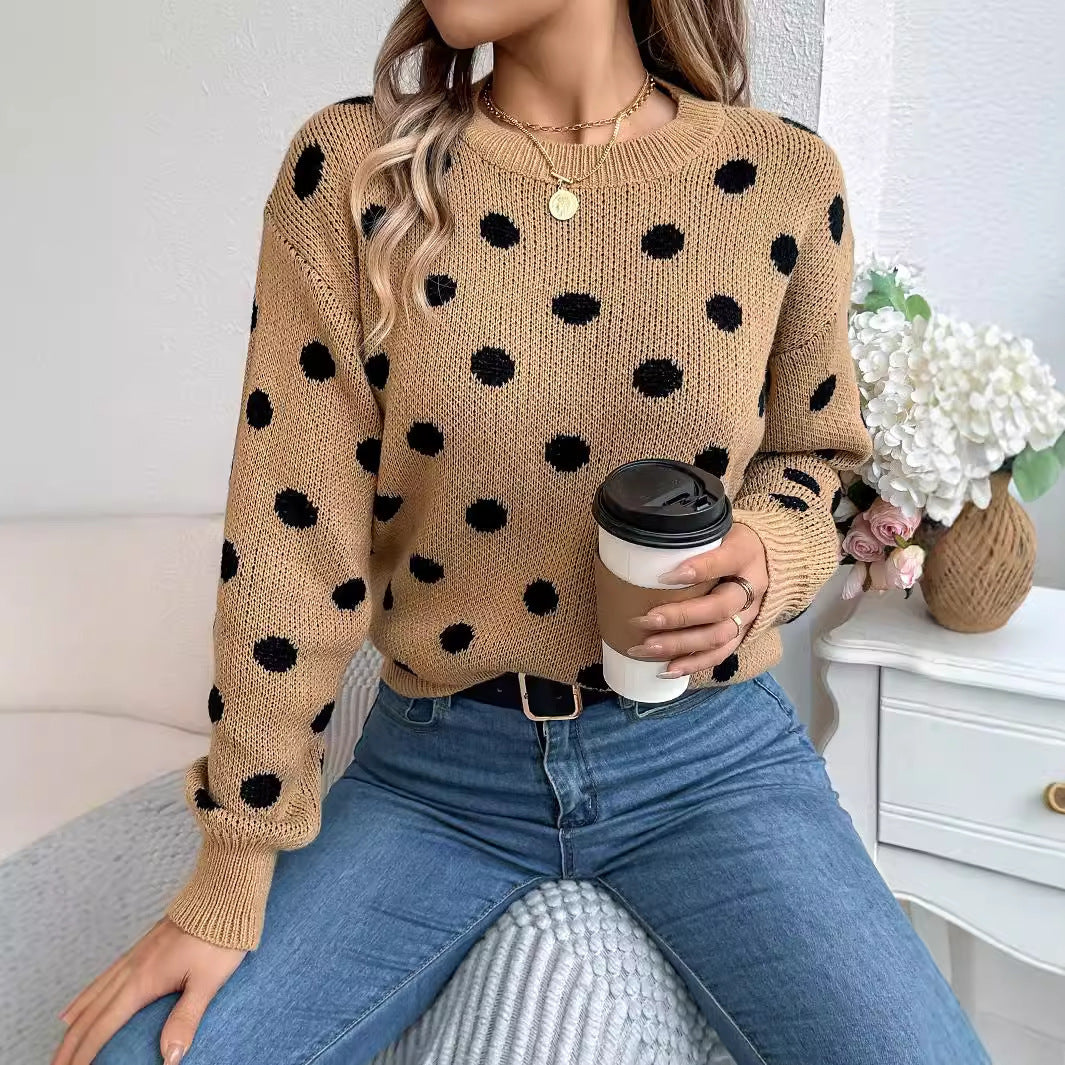 Autumn And Winter Leisure Contrast Color Polka Dot Long Sleeve Pullover