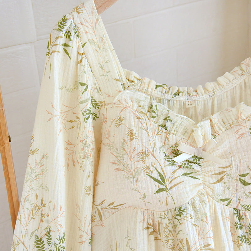 Cotton Crepe Chest Pad Long Sleeve Skirt U-collar Pullover Nightdress