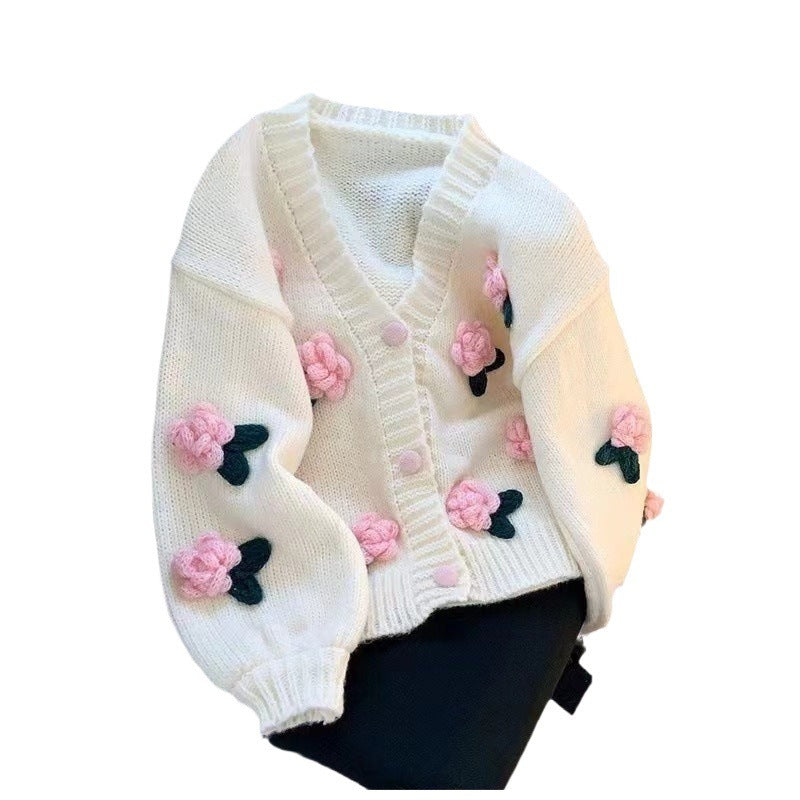Women's Three-dimensional Flower Knitted Cardigan Loose Sweater Coat