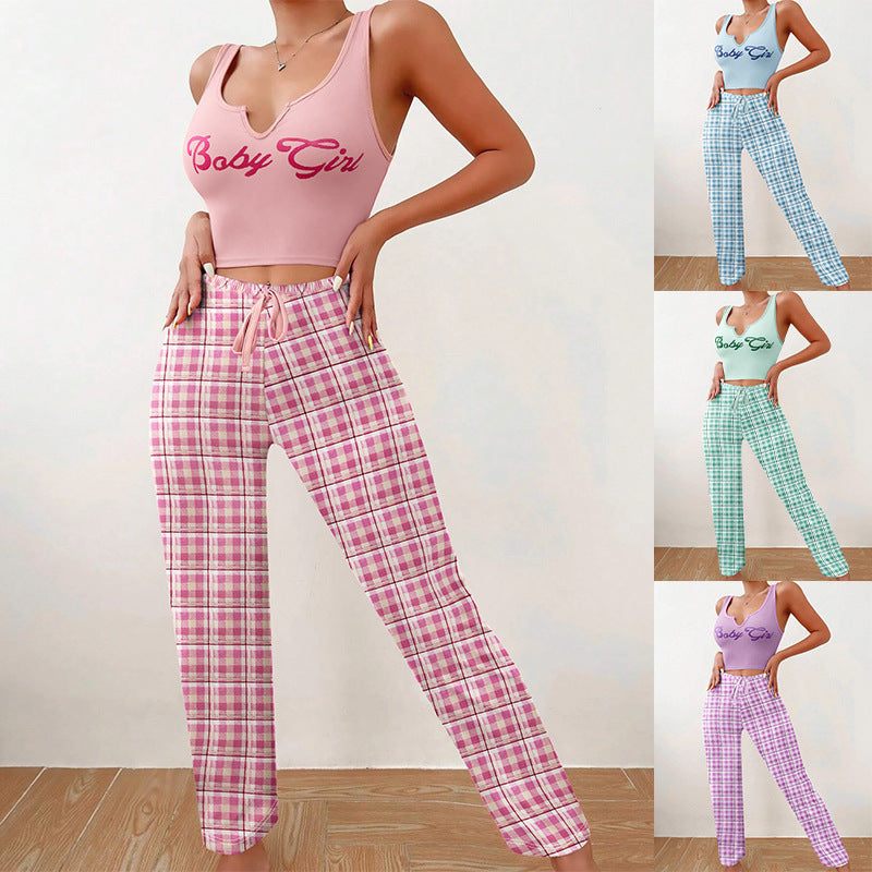 Homewear Vest Color Matching Plaid Trousers Letter Print Top Pajamas For Women