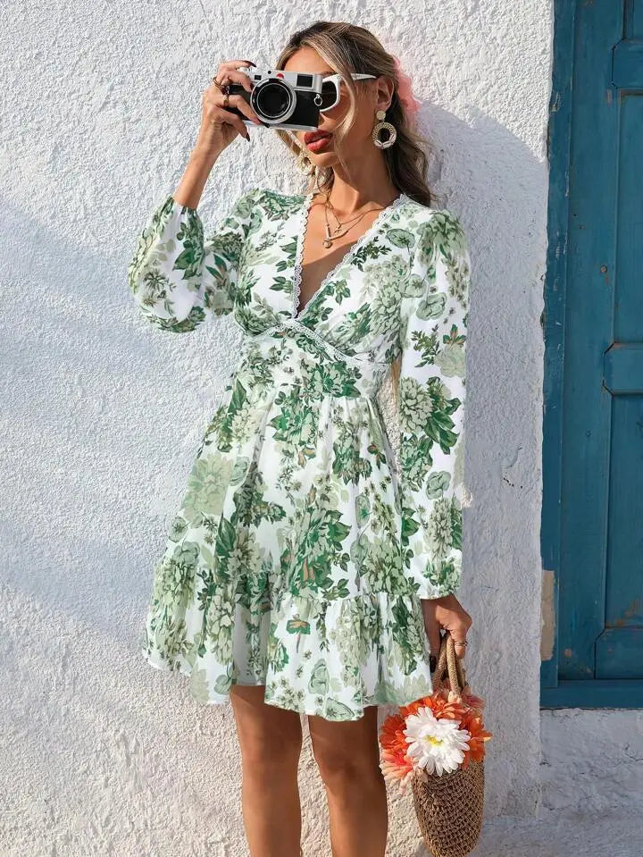 Lace V-neck Printed Leisure Vacation Long Sleeve Dress