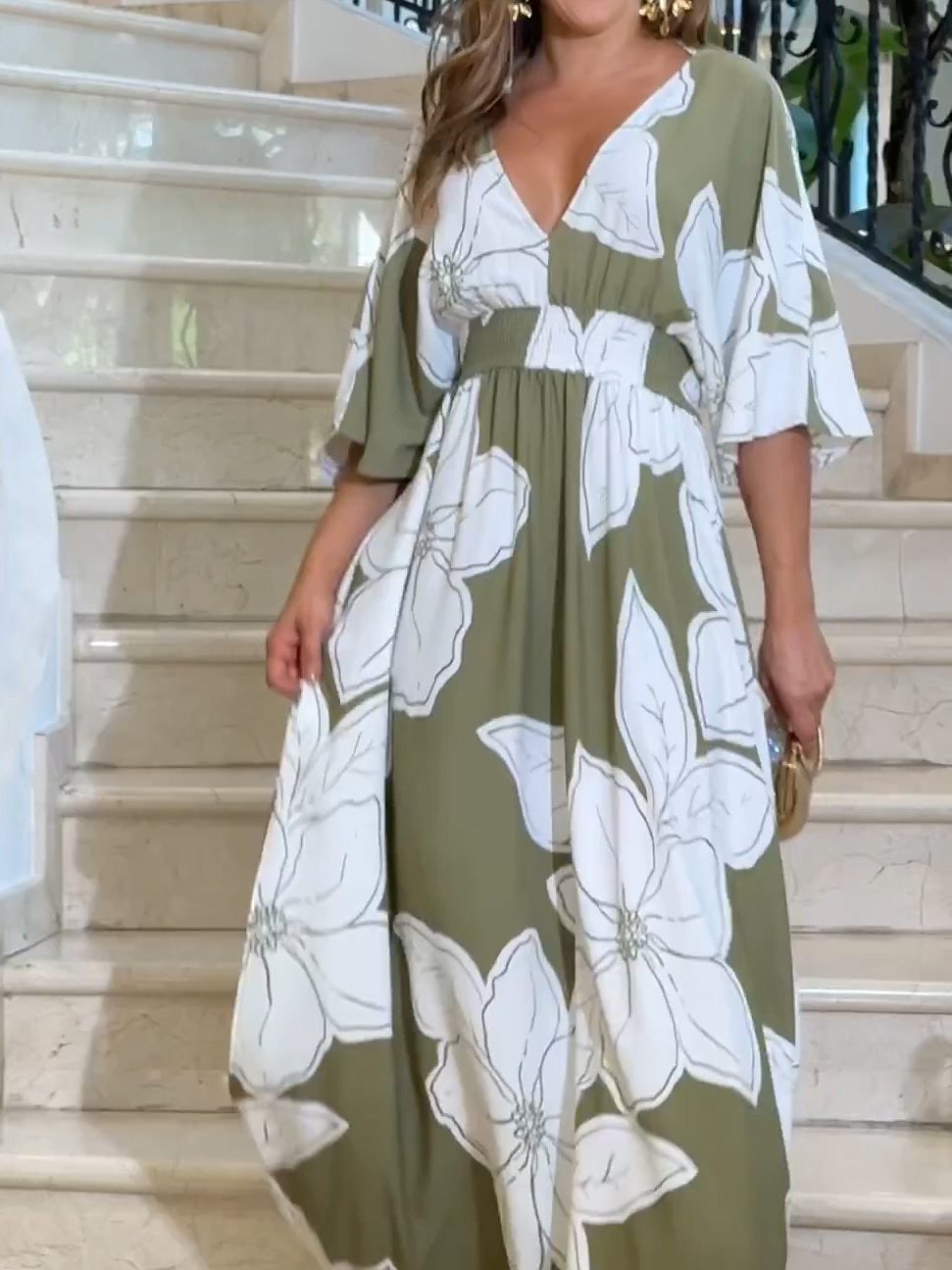 Flower Printed V-neck Batwing-sleeved Dress Fashion Elegant Backless Long Dresses Women's Clothing
