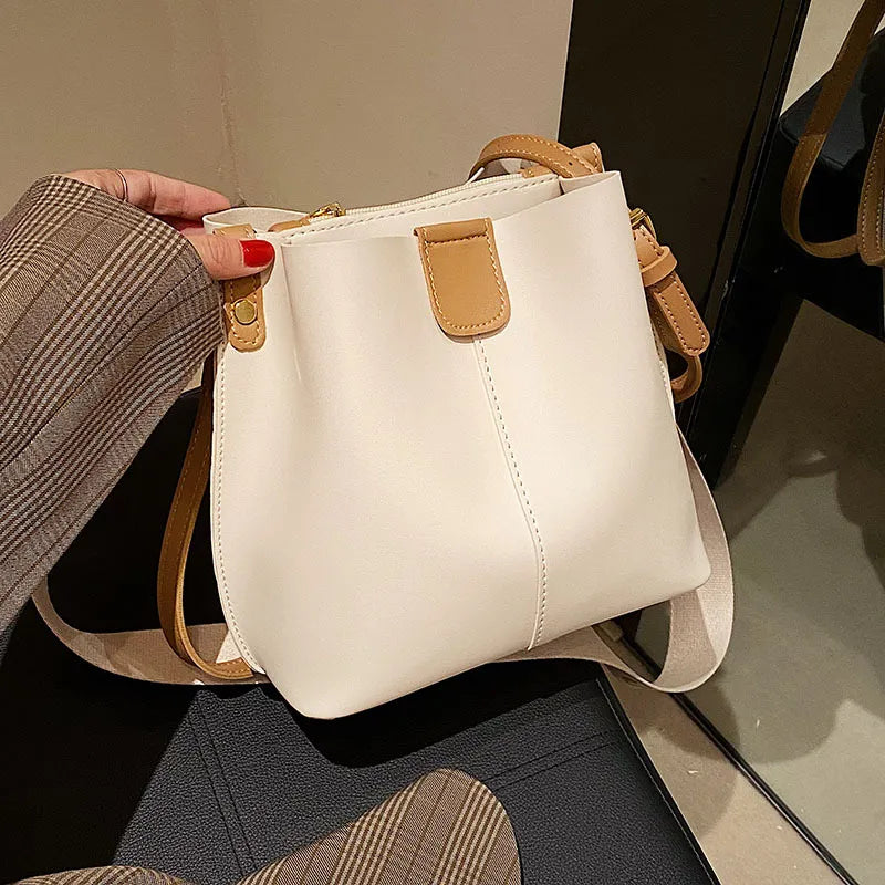 French Minority Design Simple Wide Shoulder Strap Bucket Bags Female