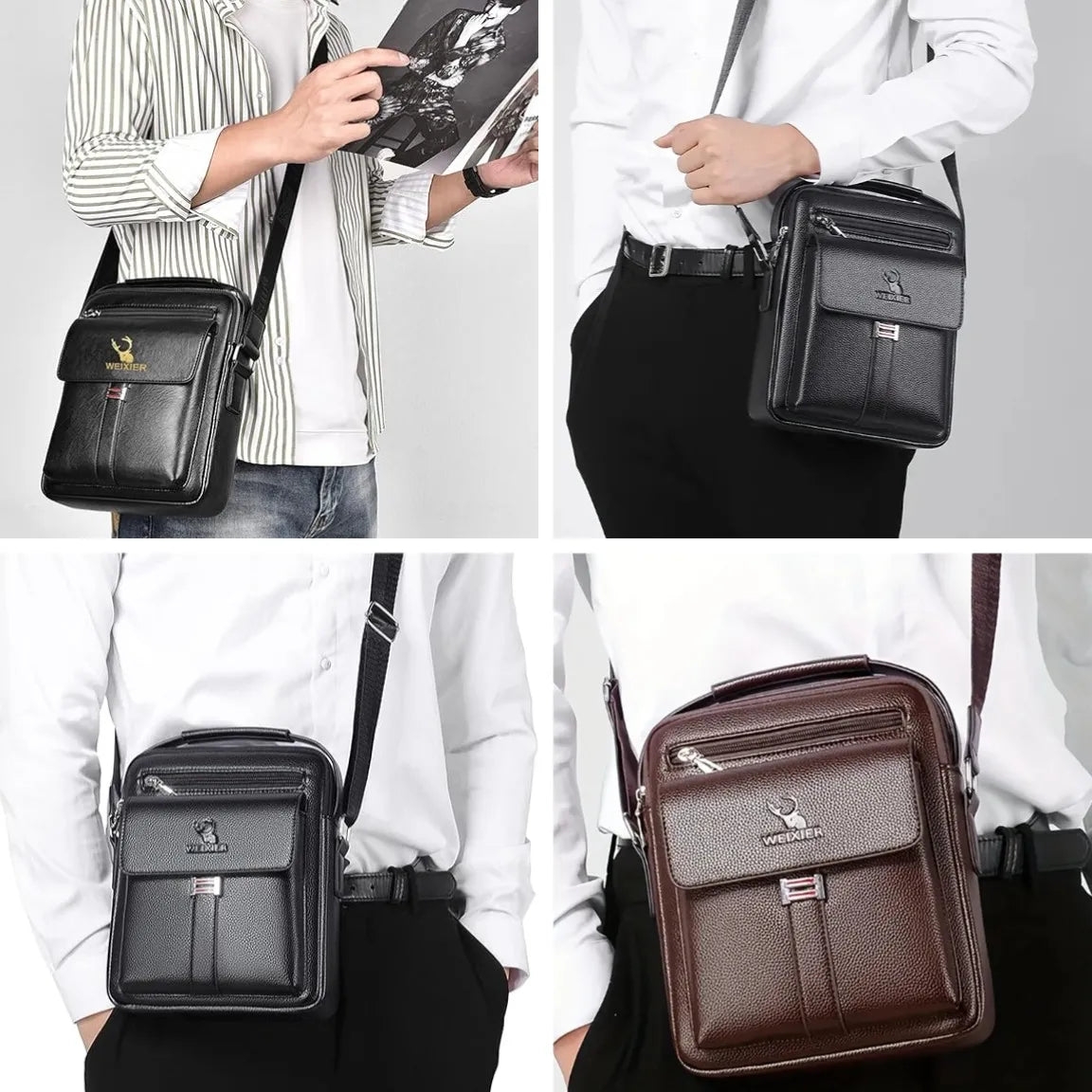 Leather Messenger Crossbody Shoulder Bag For Men Work Business Casual Adjustable Straps With  Metal Zipper-FREE USA SHIPPING