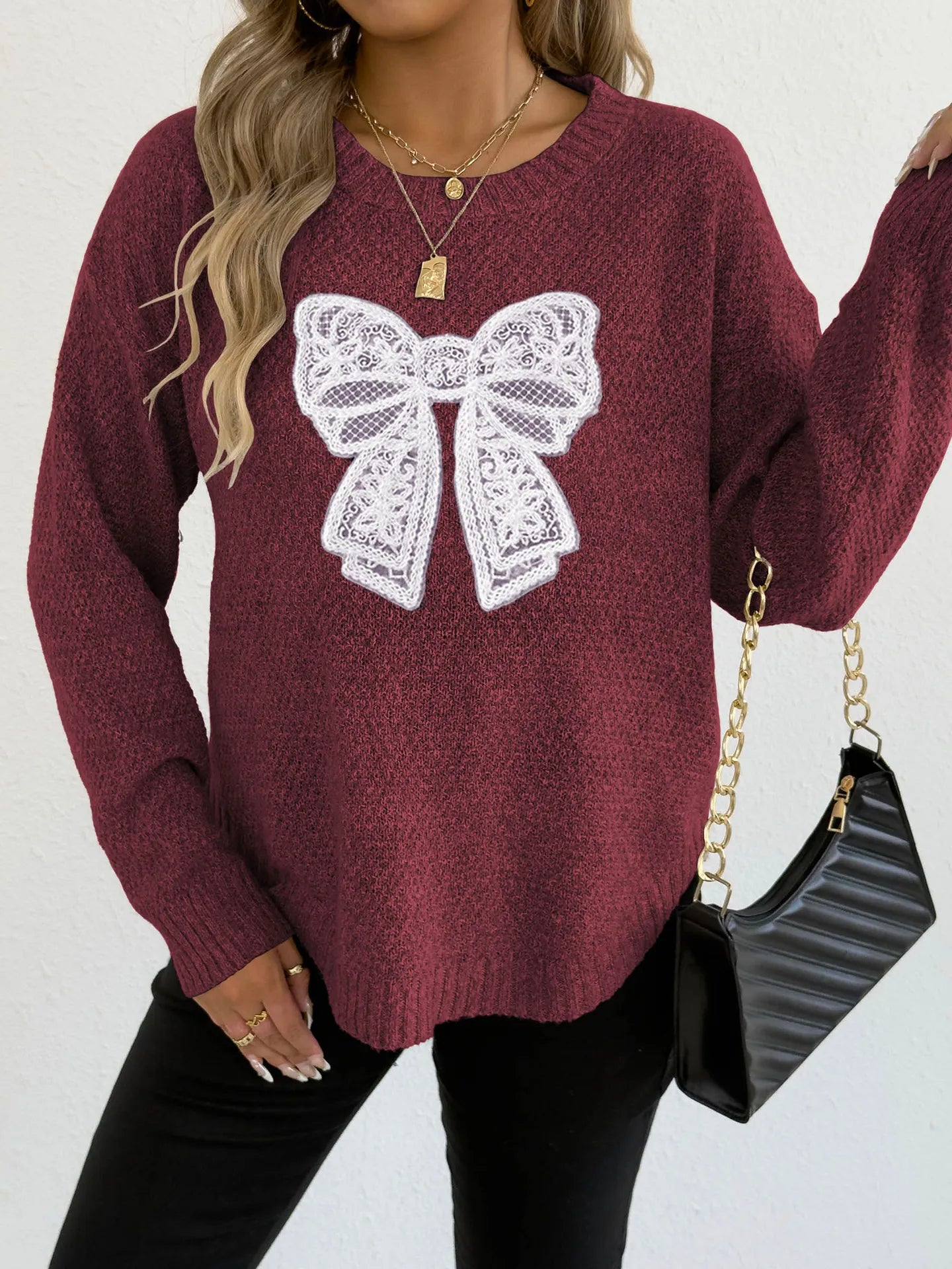 Women's Round Neck Embroidered Lace Butterfly Stitching Woven Sweater