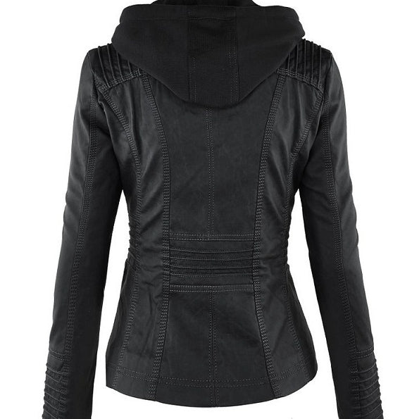 Women's Detachable Lapel Long Sleeve Solid Color Zipper Leather Jacket Coat