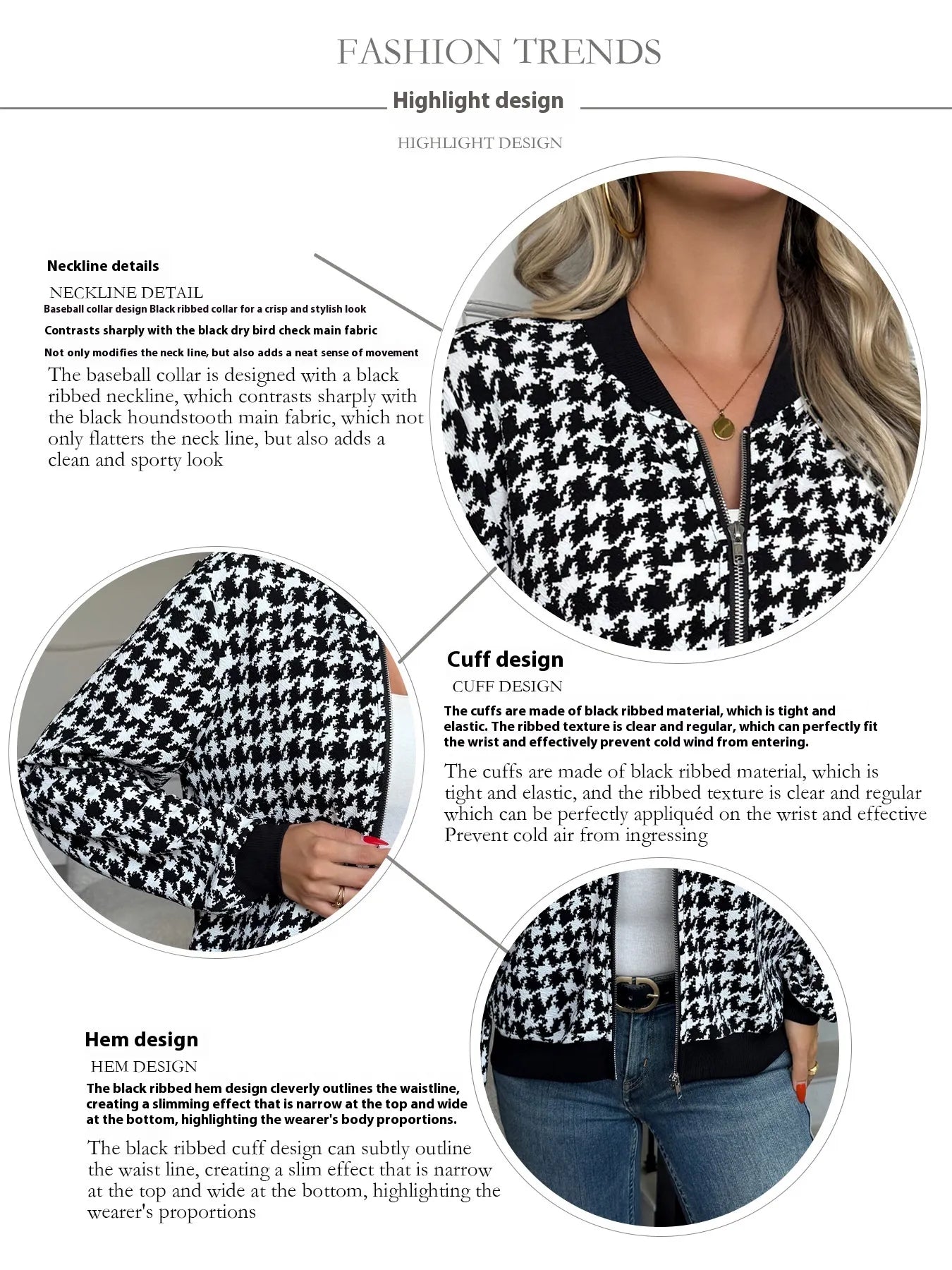 Zipper Houndstooth Jacket Loose Slim-fit Casual Shirt