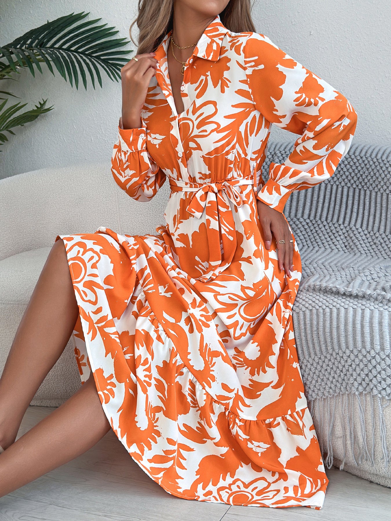 Women's Clothing Spring And Summer Leisure Flower Long Sleeve Shirt Skirt Dress
