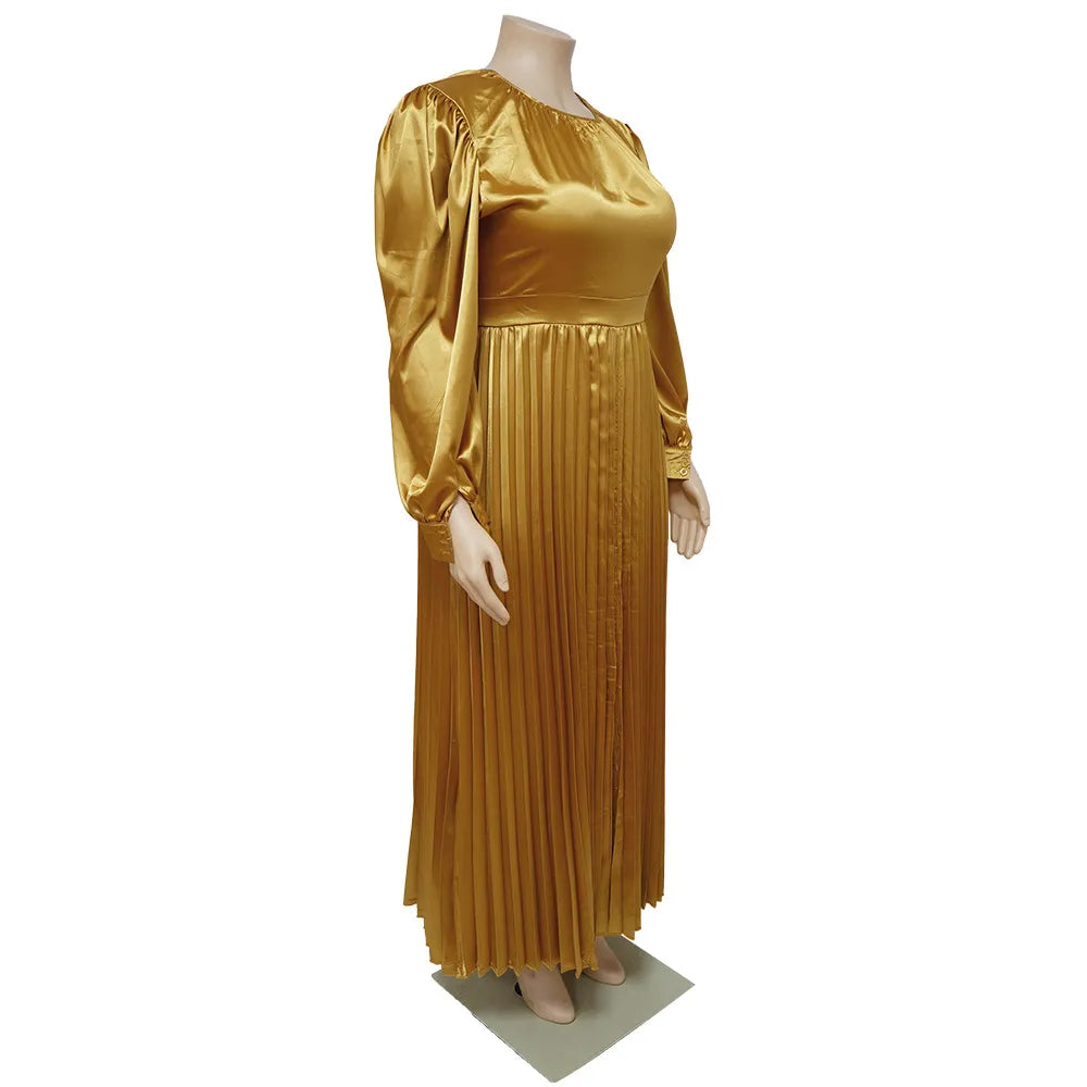 Pleated Round-neck Long Dress Women