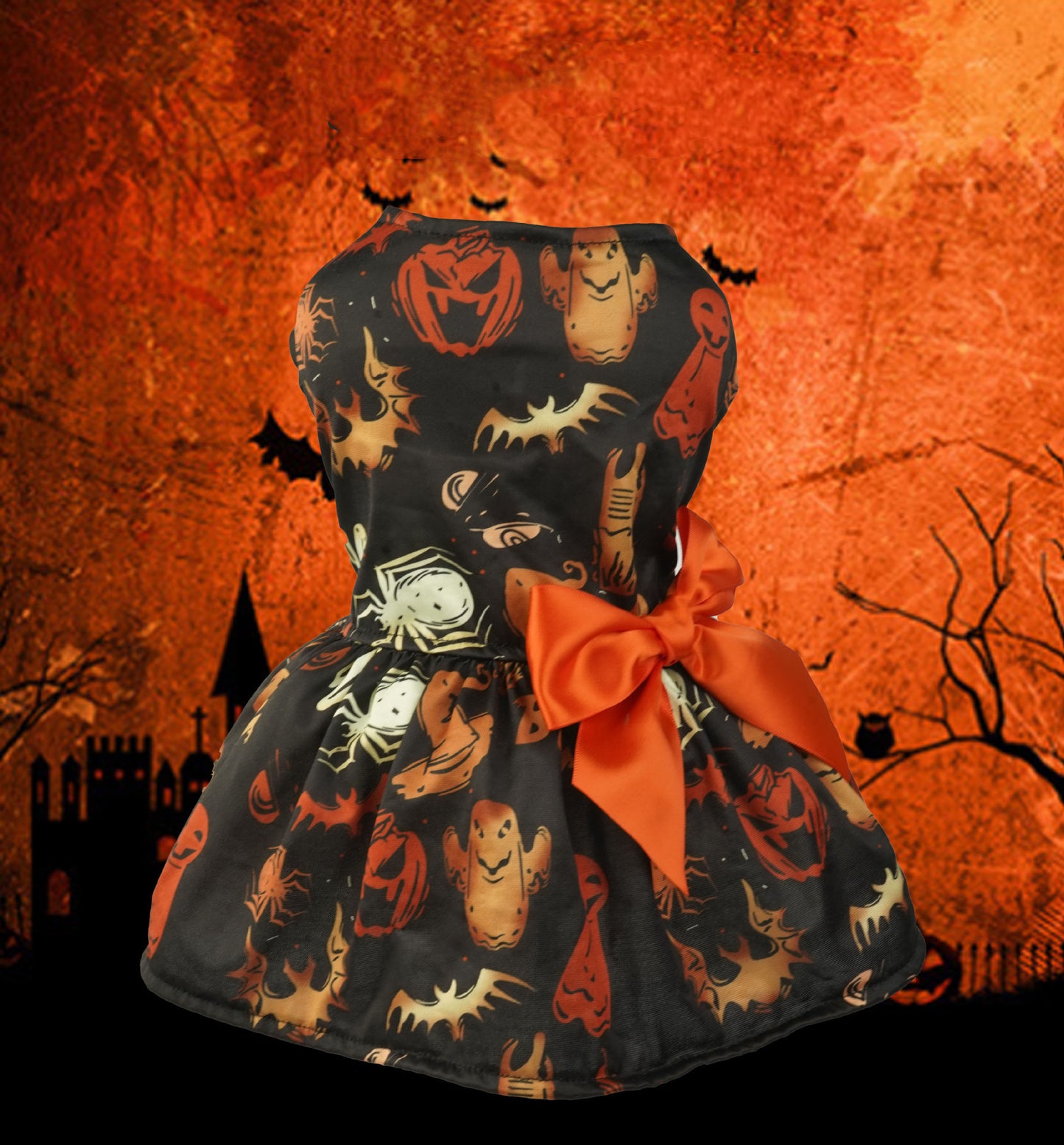 Halloween Small Dog Clothes Pet Dress Pumpkin Print Dress Mesh Dress Pet Party Clothing Cat Dog Costume