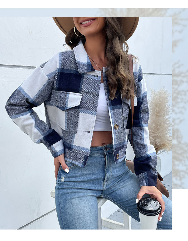 Plaid Lapel Cropped Jacket With Pockets Fashion Button Long Sleeve Short Outwear Tops Coat For Womens Clothing