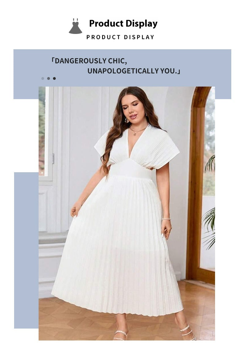 V-neck Sexy Bat Sleeve Slim-fit Pleated A- Line Dress