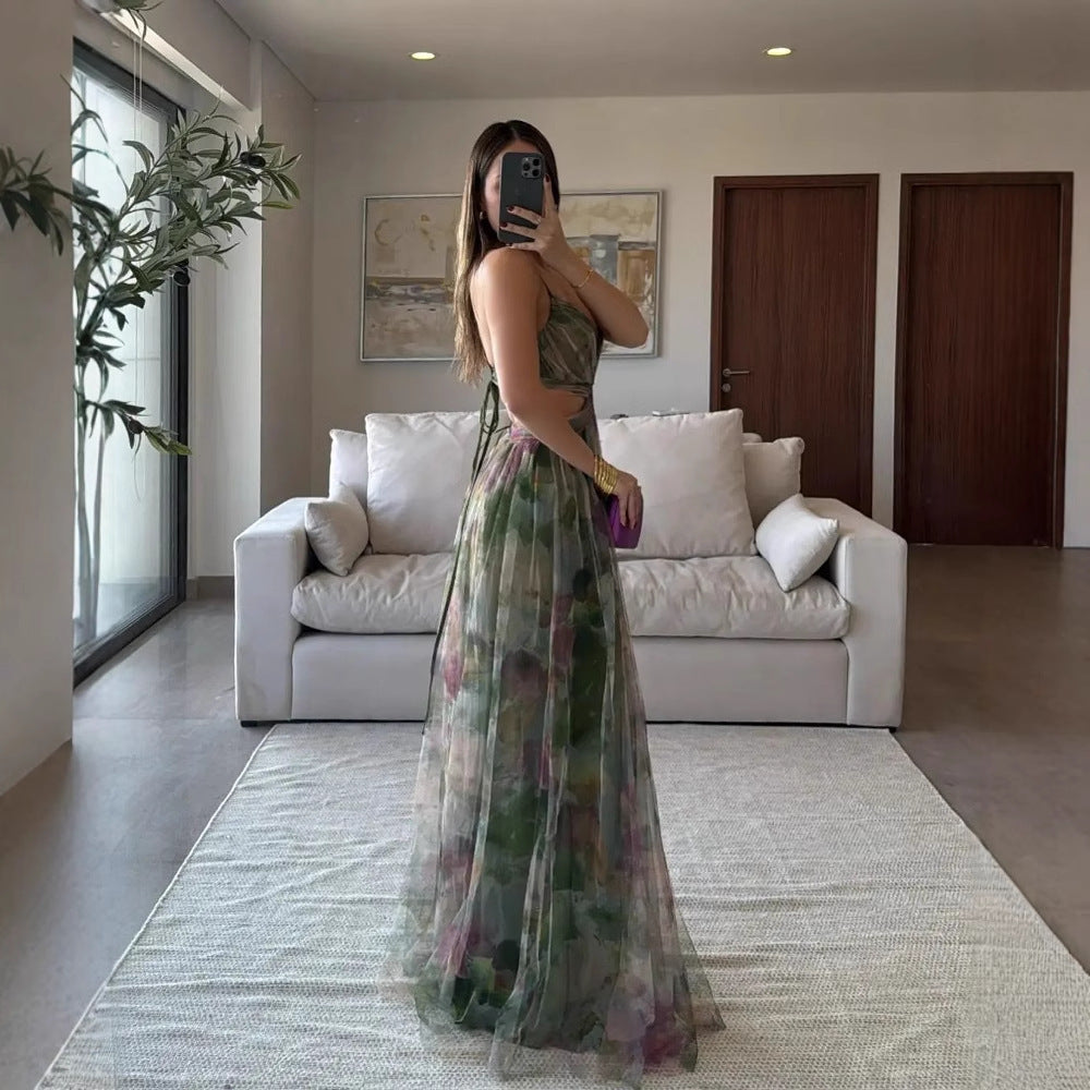 Mesh Printing Slip Dress Holiday Leisure Party