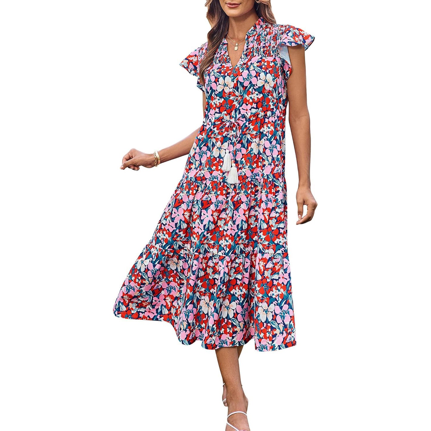 European And American Short Sleeve Tassel Bohemian Vacation Beach Dress