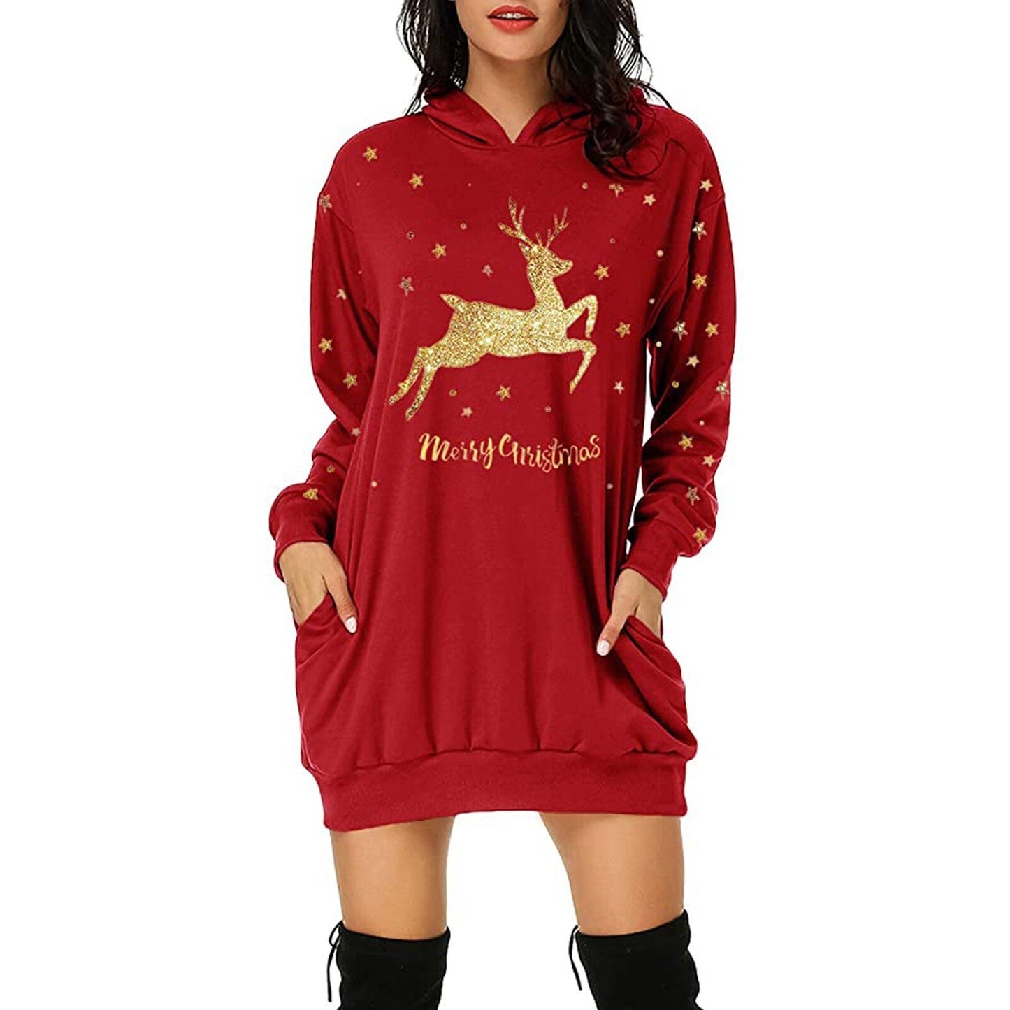 Christmas hot sale printed mid length pocket hooded long sleeved sweater