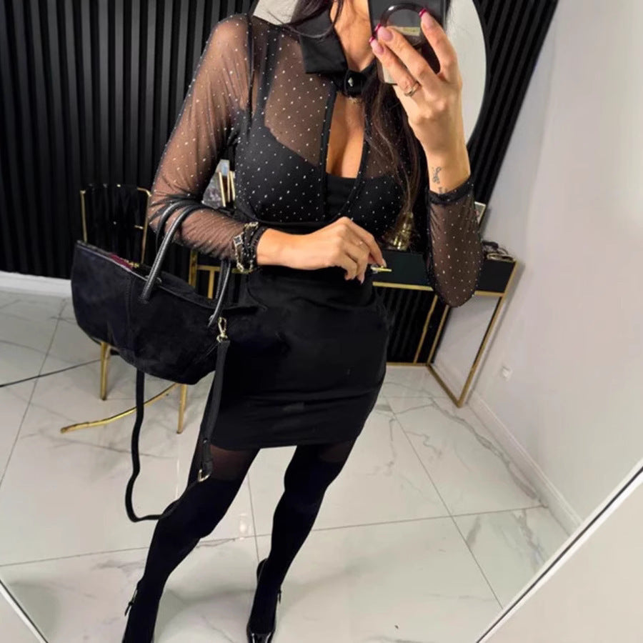 Fake Two-piece Hip Bag Dress Party Hot Drilling