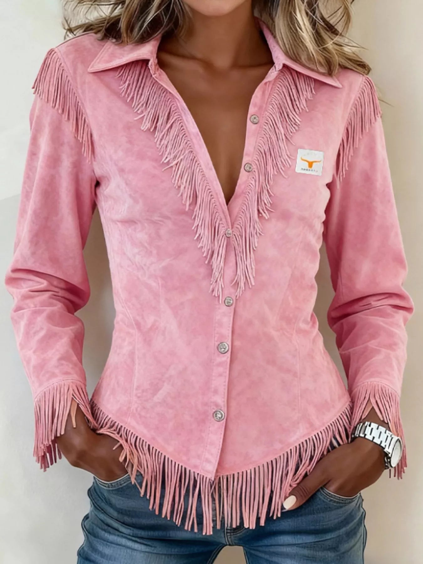 Full Size Fringed Collared Neck Shirt Plus Size
