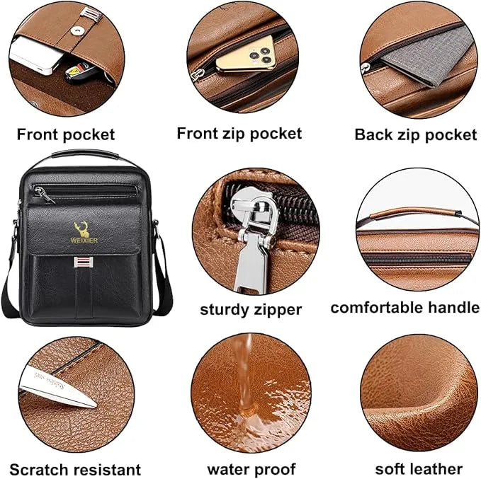 Leather Messenger Crossbody Shoulder Bag For Men Work Business Casual Adjustable Straps With  Metal Zipper-FREE USA SHIPPING